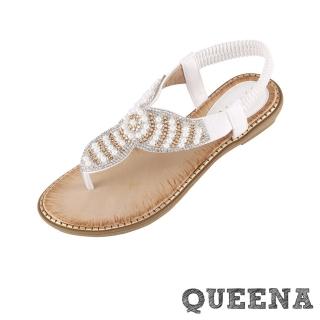 【QUEENA】坡跟涼鞋 夾腳涼鞋/波西米亞民族風華麗撞色美鑽串珠夾腳坡跟涼鞋(白)