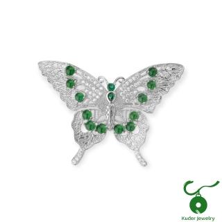 【K.D.J 圓融珠寶】天然翡翠滿綠蛋面蝴蝶胸針墜飾兩用款
