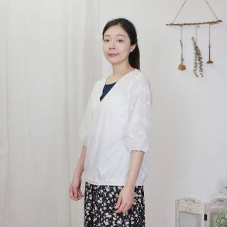 【Hana Mokuba】花木馬日系女裝假兩件雙層紗七分泡袖氣質上衣(上衣)