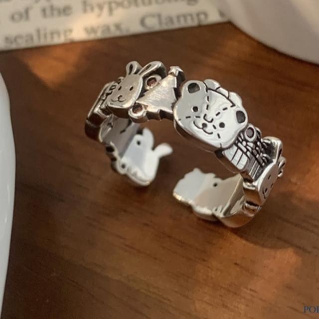 【Porabella】925純銀動物造型戒指 兔子小熊聖誕樹塗鴉圖案 小眾設計可調開口式戒指 交換禮物 Rings