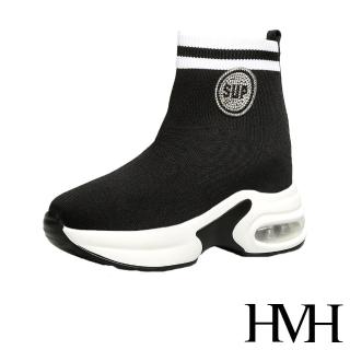 【HMH】個性撞色飛織襪套設計氣墊厚底內增高時尚休閒鞋(黑)