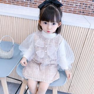 【Arbea】兒童泡泡袖小香風兩件式連身裙套裝(韓系風)