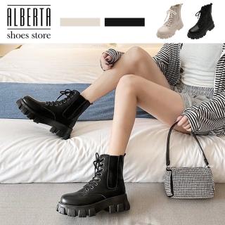【Alberta】5CM短靴 輕量化舒適彈性EVA鞋底 率性百搭 筒高14CM皮革綁帶厚底靴 黑靴 騎士靴