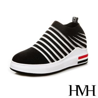 【HMH】美腿內增高透氣網面飛織拼接時尚厚底休閒鞋(黑)