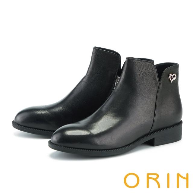 【ORIN】愛心飾釦真皮低跟短靴(黑色)