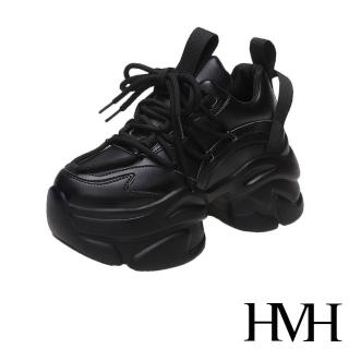 【HMH】厚底老爹鞋 內增高老爹鞋/潮流素面拼接綁帶造型內增高復古厚底老爹鞋(黑)