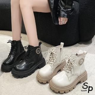 【Sp house】童話風格圓頭綁帶厚底短筒馬汀靴(2色可選)