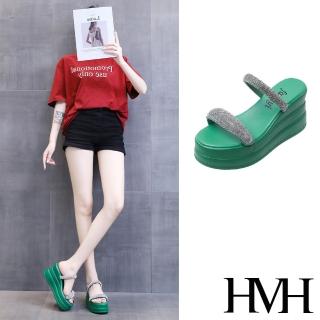 【HMH】坡跟拖鞋 厚底拖鞋 一字拖鞋/閃耀華麗一字鑽帶造型坡跟厚底拖鞋(綠)