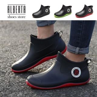 【Alberta】4cm 鞋口仿布料花紋設計厚底雨鞋 防水鞋面 雨靴 短靴 3色