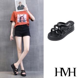 【HMH】坡跟拖鞋 厚底拖鞋 交叉拖鞋/寬版縷空交叉帶造型坡跟拖鞋(黑)