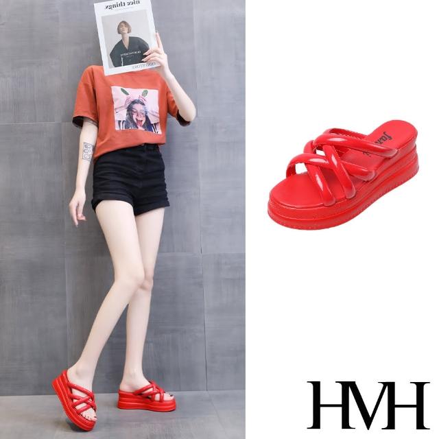 【HMH】坡跟拖鞋 厚底拖鞋 交叉拖鞋/寬版縷空交叉帶造型坡跟拖鞋(紅)