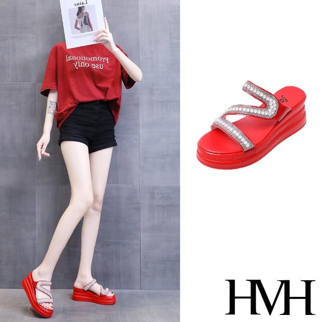 【HMH】坡跟拖鞋 厚底拖鞋 Z字拖鞋/珍珠鑽帶Z字造型坡跟厚底拖鞋(紅)