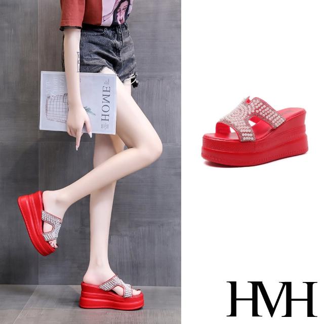 【HMH】坡跟拖鞋 厚底拖鞋 珍珠拖鞋/美鑽珍珠時尚圖樣坡跟厚底拖鞋(紅)