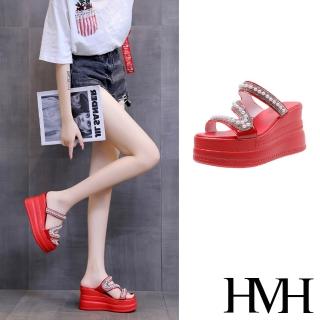 【HMH】坡跟拖鞋 厚底拖鞋 Z字拖鞋/華麗鑽面珍珠Z字造型厚底坡跟拖鞋(紅)
