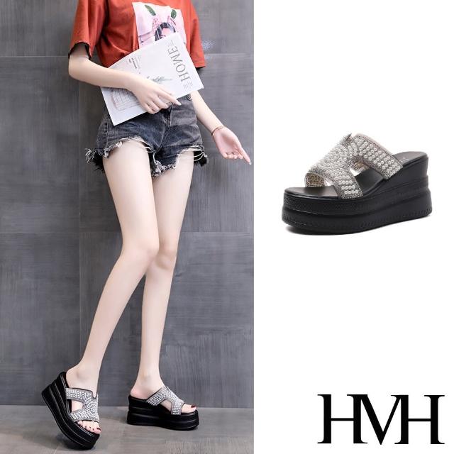 【HMH】坡跟拖鞋 厚底拖鞋 珍珠拖鞋/美鑽珍珠時尚圖樣坡跟厚底拖鞋(黑)