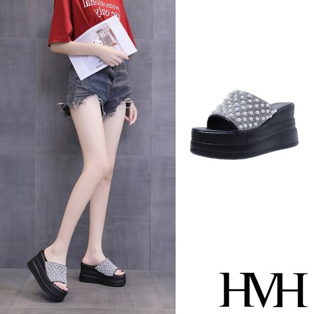 【HMH】坡跟拖鞋 厚底拖鞋 珍珠拖鞋/華麗鑽面珍珠設計厚底坡跟拖鞋(黑)