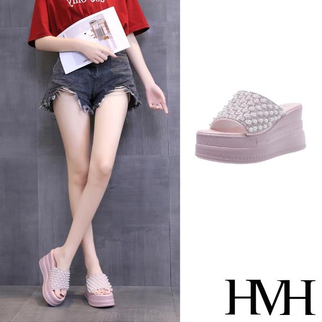 【HMH】坡跟拖鞋 厚底拖鞋 珍珠拖鞋/華麗鑽面珍珠設計厚底坡跟拖鞋(粉)