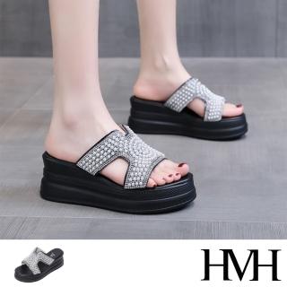 【HMH】坡跟拖鞋 厚底拖鞋/美鑽珍珠鑲嵌時尚坡跟厚底拖鞋(黑)