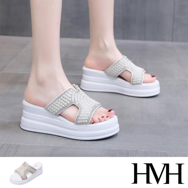 【HMH】坡跟拖鞋 厚底拖鞋/美鑽珍珠鑲嵌時尚坡跟厚底拖鞋(白)