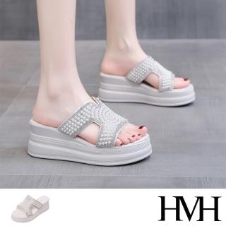 【HMH】坡跟拖鞋 厚底拖鞋/美鑽珍珠鑲嵌時尚坡跟厚底拖鞋(米)