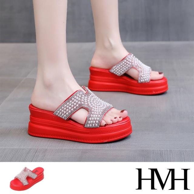 【HMH】坡跟拖鞋 厚底拖鞋/美鑽珍珠鑲嵌時尚坡跟厚底拖鞋(紅)