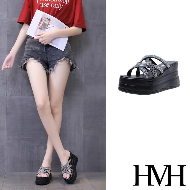 【HMH】坡跟拖鞋 厚底拖鞋/交叉縷空鑽帶設計厚底坡跟拖鞋(黑)