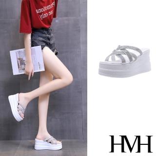 【HMH】坡跟拖鞋 厚底拖鞋/交叉縷空鑽帶設計厚底坡跟拖鞋(白)
