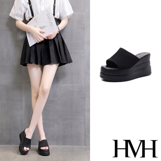 【HMH】坡跟拖鞋 厚底拖鞋/舒適彈力飛織布面厚底坡跟拖鞋(黑)