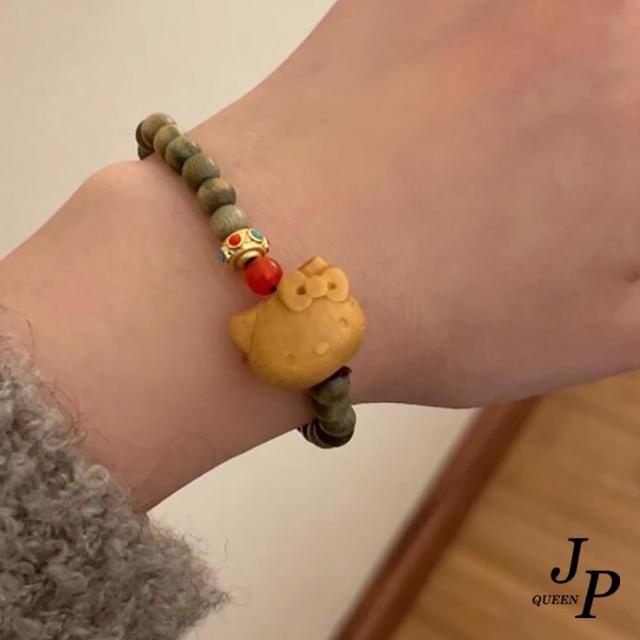 【Jpqueen】可愛小貓咪木質串珠手環(綠色)