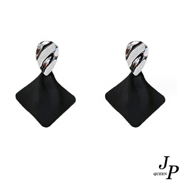【Jpqueen】復古質感菱形皺褶針式耳環(黑色)