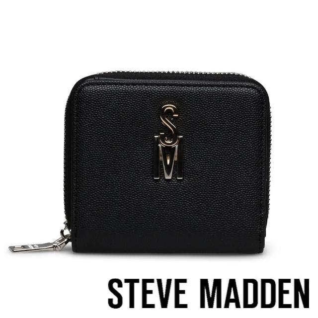 【STEVE MADDEN】BDAX 飾釦拉鍊式皮革短夾(黑色)
