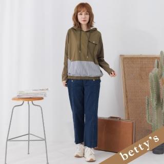 【betty’s 貝蒂思】高腰鬆緊雙排釦鬚邊牛仔寬褲(深藍色)