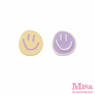 【MISA】無耳洞耳環 耳夾 夾式耳環 韓國設計馬卡龍撞色可愛笑臉造型夾式耳環(2色任選)