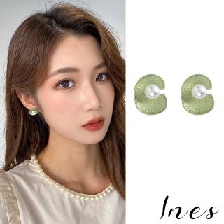 【INES】韓國設計法式復古綠色花苞珍珠夾式耳環(無耳洞耳環 耳夾 夾式耳環 花苞耳環 珍珠耳環)