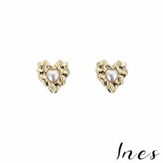 【INES】韓國設計法式復古金屬愛心珍珠造型夾式耳環(無耳洞耳環 耳夾 夾式耳環 愛心耳環 珍珠耳環)