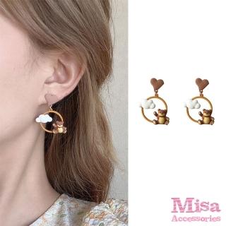【MISA】韓國設計可愛立體雲朵小熊造型夾式耳環(無耳洞耳環 耳夾 夾式耳環 雲朵耳環 小熊耳環)