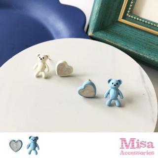 【MISA】無耳洞耳環 耳夾 夾式耳環 小熊耳環/韓國設計不對稱可愛卡通小熊愛心造型夾式耳環(2色任選)