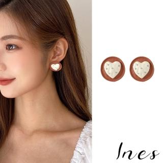 【INES】韓國設計法式復古水鑽愛心圓盤造型夾式耳環(無耳洞耳環 耳夾 夾式耳環)