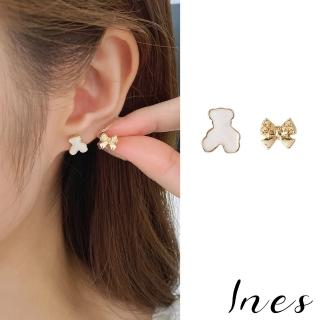 【INES】韓國設計不對稱小熊蝴蝶結造型夾式耳環(無耳洞耳環 耳夾 夾式耳環 蝴蝶結耳環 小熊耳環)