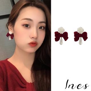 【INES】韓國設計甜美花朵植絨大蝴蝶結水滴珍珠造型夾式耳環(無耳洞耳環 耳夾 夾式耳環 珍珠耳環)