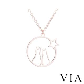 【VIA】白鋼項鍊 貓咪項鍊/動物系列 星空下貓咪造型白鋼項鍊(玫瑰金色)