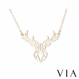 【VIA】白鋼項鍊 縷空項鍊/動物系列 北歐風鹿頭縷空線條造型白鋼項鍊(金色)