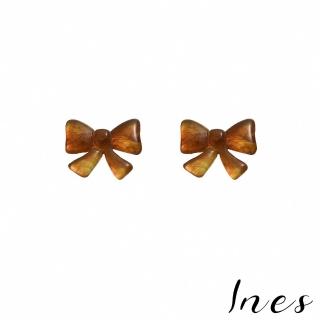【INES】無耳洞耳環 耳夾 夾式耳環 韓國設計法式復古玳瑁色微透蝴蝶結造型夾式耳環