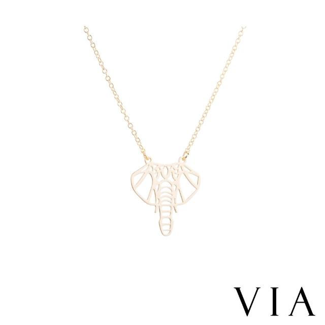 【VIA】白鋼項鍊 大象項鍊/動物系列 縷空線條大象造型白鋼項鍊(金色)