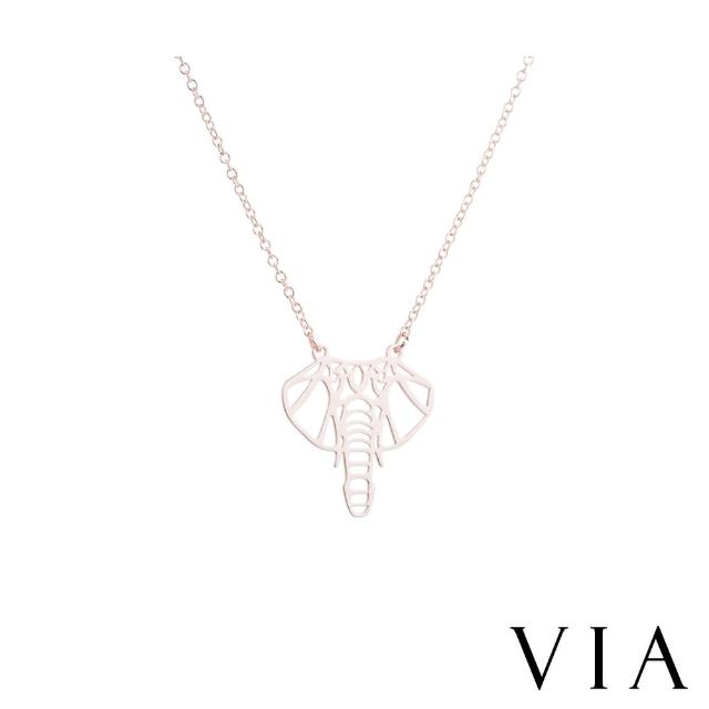 【VIA】白鋼項鍊 大象項鍊/動物系列 縷空線條大象造型白鋼項鍊(玫瑰金色)