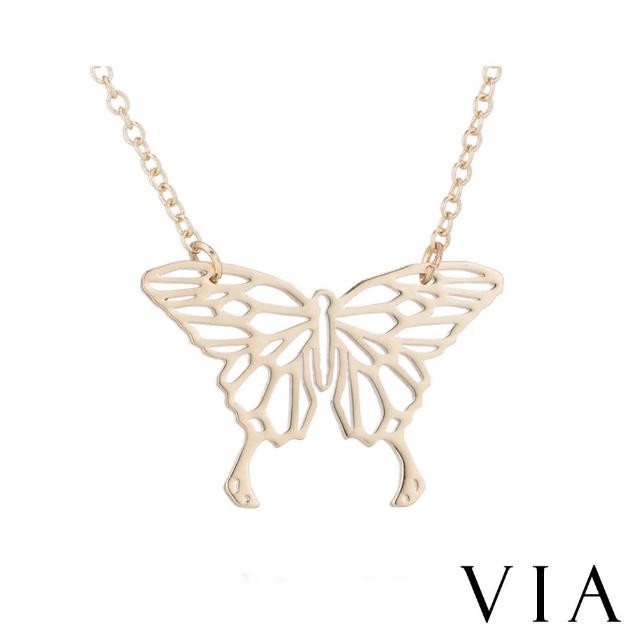 【VIA】白鋼項鍊 縷空項鍊/昆蟲系列 縷空線條典雅蝴蝶造型白鋼項鍊(金色)