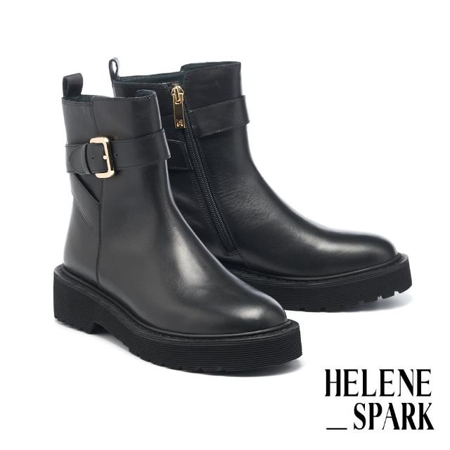 【HELENE_SPARK】簡約時尚LOGO拉鍊全真皮厚底短靴(黑)