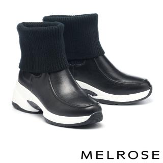 【MELROSE】美樂斯 率性時髦反摺毛線布拼接牛皮厚底短靴(黑)