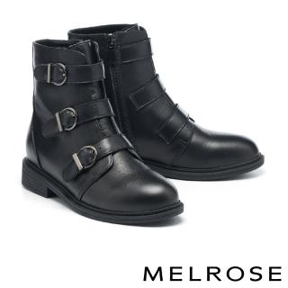 【MELROSE】美樂斯 率性沉穩純色三寬帶牛皮低跟短靴(黑)