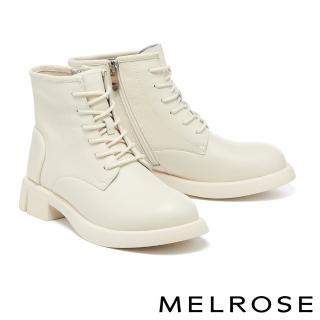 【MELROSE】美樂斯 率性街頭感純色綁帶牛皮厚底短靴(米)